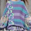 Original Design Purple Oversized Patchwork Floral Sweaters Batwing Sleeve