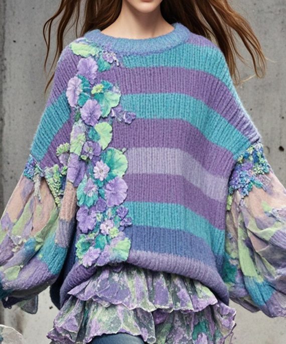 Original Design Purple Oversized Patchwork Floral Sweaters Batwing Sleeve