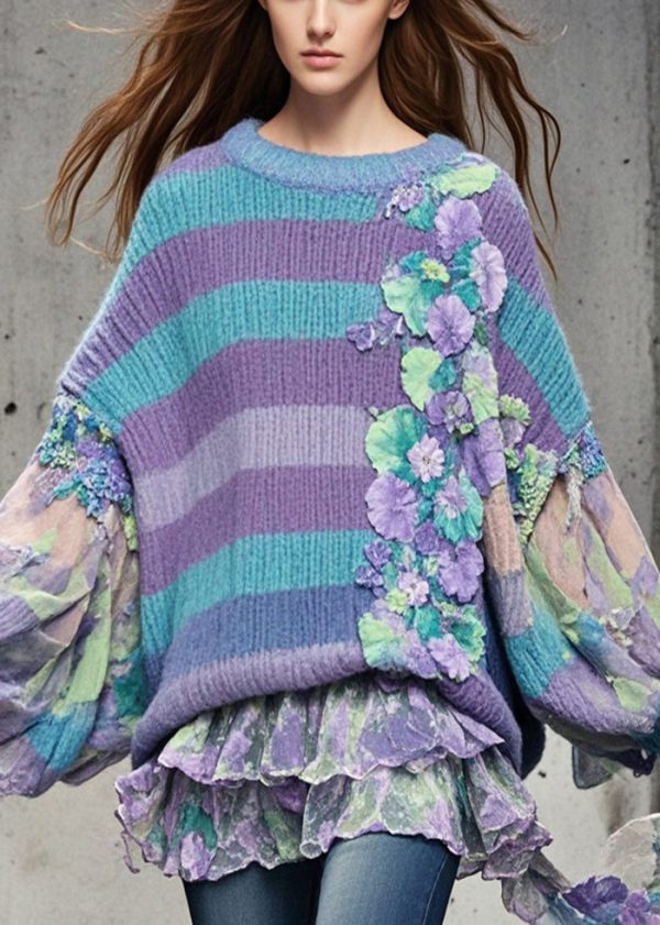 Original Design Purple Oversized Patchwork Floral Sweaters Batwing Sleeve - Image 3