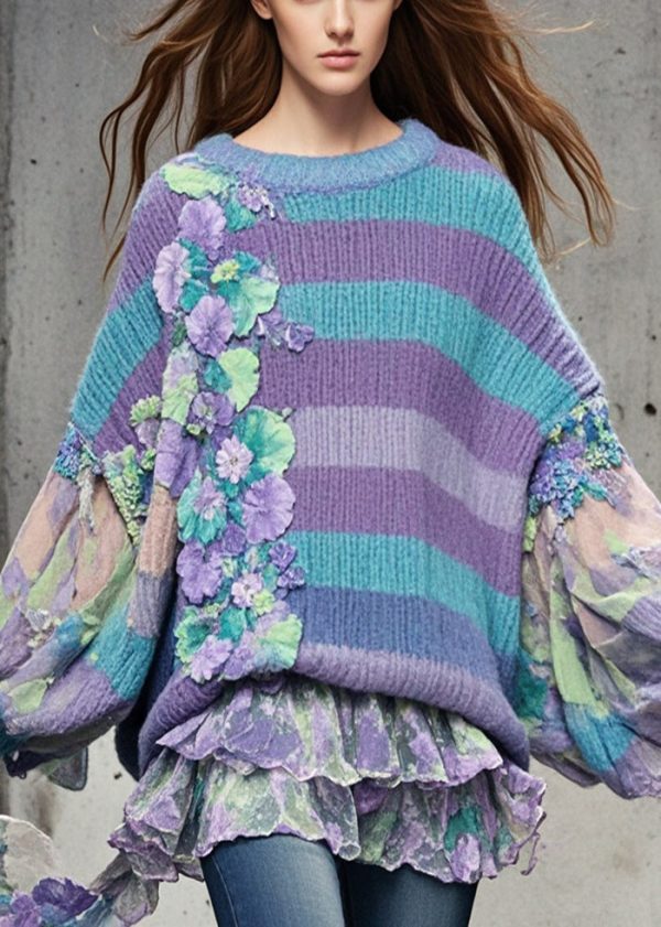 Original Design Purple Oversized Patchwork Floral Sweaters Batwing Sleeve - Image 5