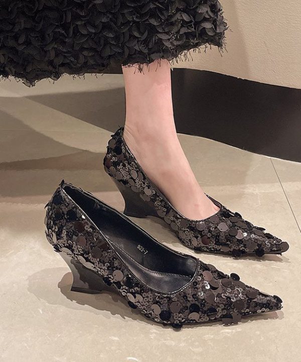 Original Design Silver Sequins Wedge Heels Pointed Toe - Image 2