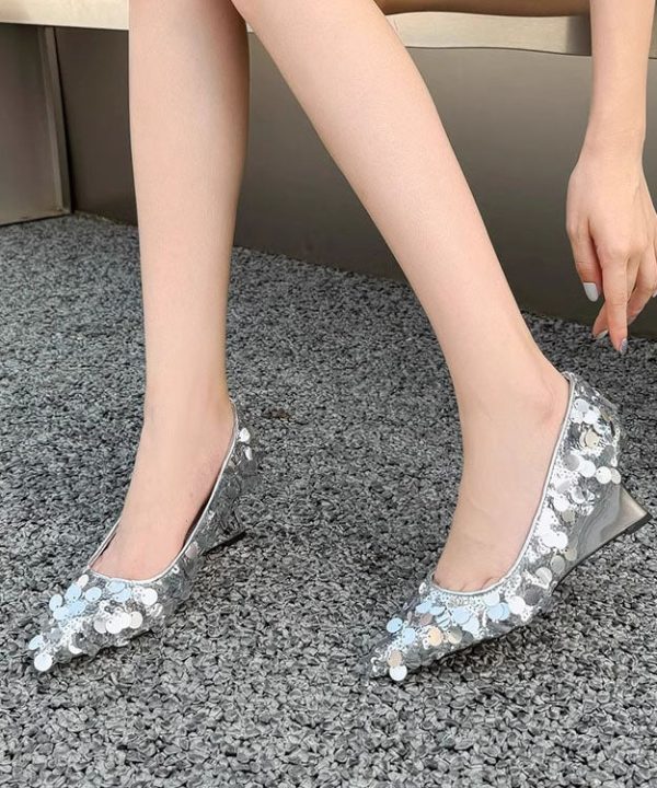 Original Design Silver Sequins Wedge Heels Pointed Toe - Image 4