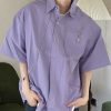 Original Purple Peter Pan Collar Zip Up Cotton Men Shirts Summer
