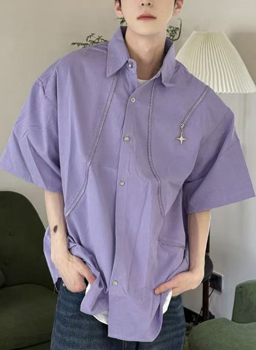 Original Purple Peter Pan Collar Zip Up Cotton Men Shirts Summer
