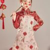 Original Red Stand Collar Print Nail Bead Girls Long Dress Spring