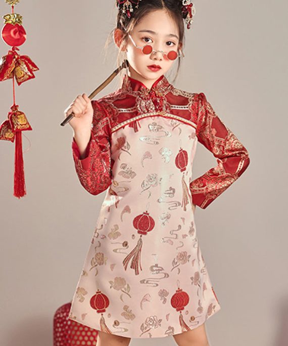 Original Red Stand Collar Print Nail Bead Girls Long Dress Spring