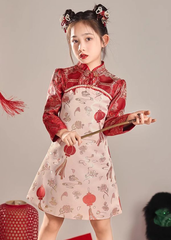 Original Red Stand Collar Print Nail Bead Girls Long Dress Spring - Image 3