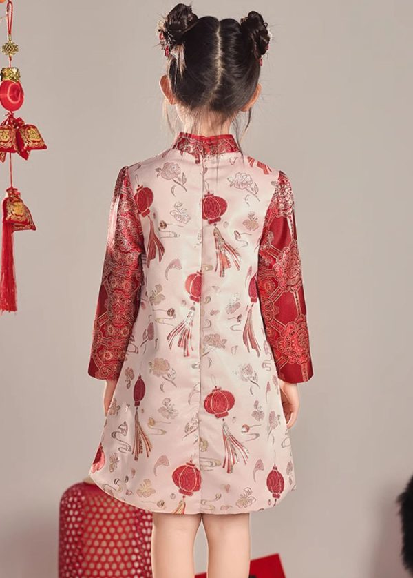 Original Red Stand Collar Print Nail Bead Girls Long Dress Spring - Image 5
