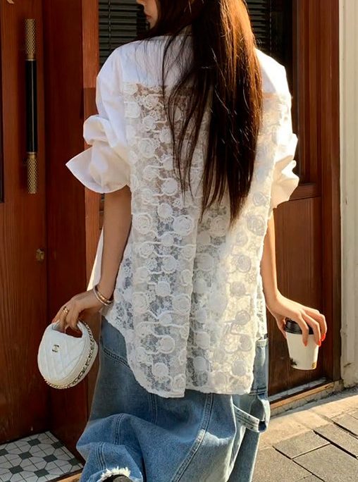 Original White Peter Pan Collar Button Lace Patchwork Shirt Spring