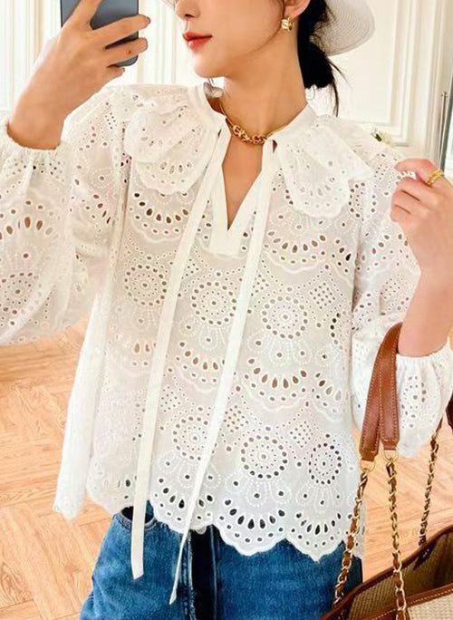Original White Peter Pan Collar Hollow Out Cotton Shirt Spring