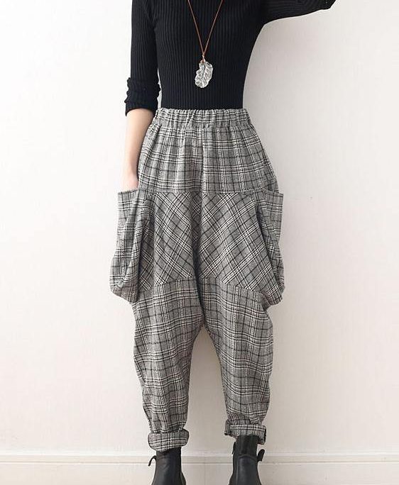 Original design retro gray thick loose large size warm knitted plaid Harlan bloomers