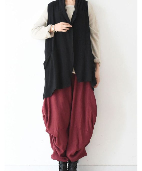 Oversized black linen vests loose linen cardigan sleeveless coats
