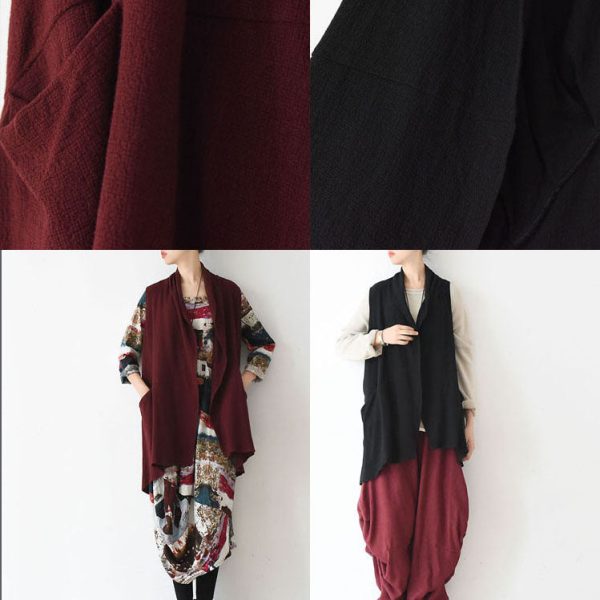 Oversized black linen vests loose linen cardigan sleeveless coats - Image 5