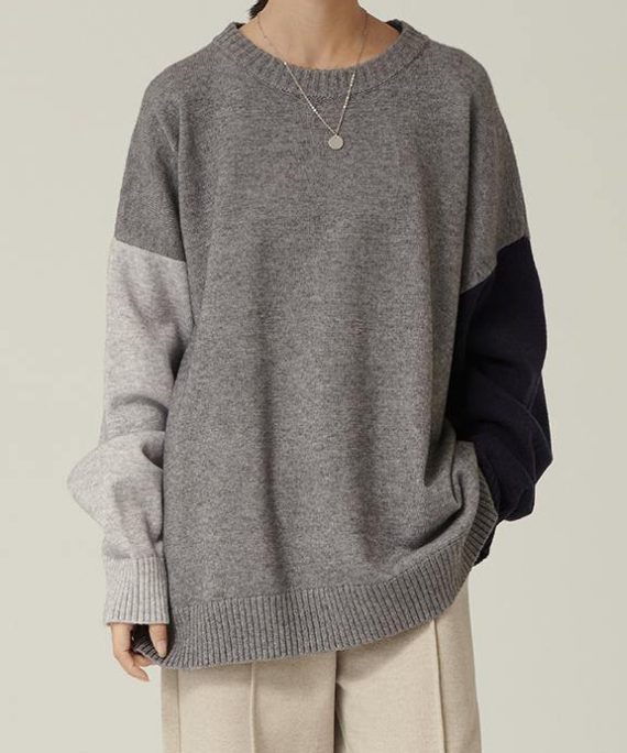 Oversized gray Sweater Blouse o neck patchwork oversized fall knitwear