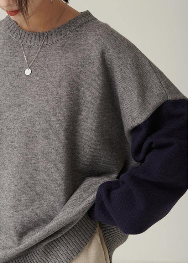 Oversized gray Sweater Blouse o neck patchwork oversized fall knitwear - Image 5