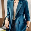 Peacock Blue Patchwork Coat Outwear Peter Pan Collar Spring