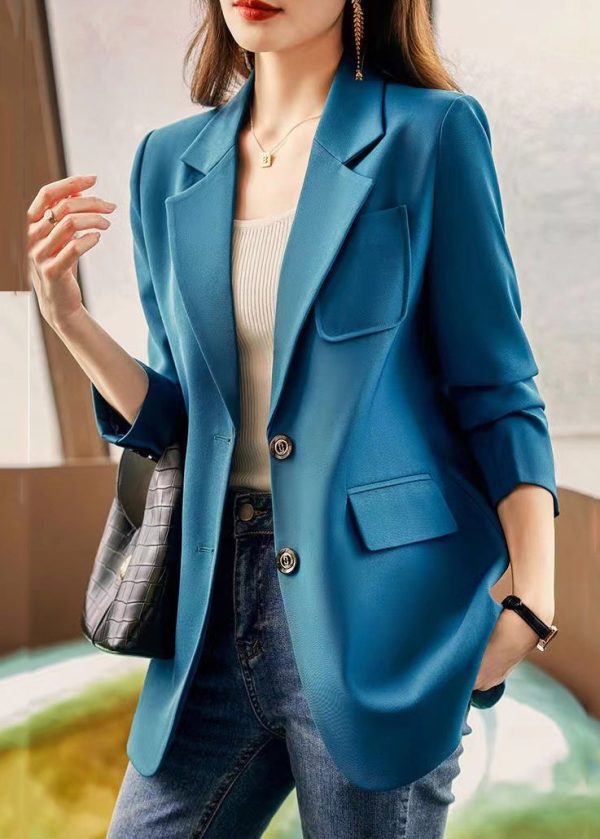 Peacock Blue Patchwork Coat Outwear Peter Pan Collar Spring - Image 2