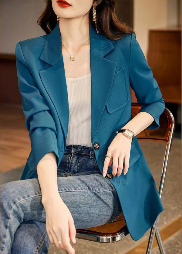Peacock Blue Patchwork Coat Outwear Peter Pan Collar Spring - Image 3