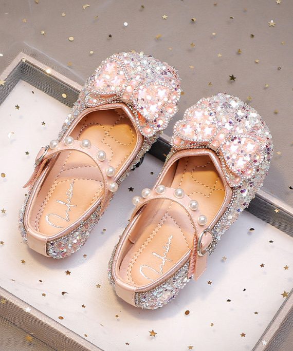Pink Buckle Strap Flat Shoes Bow Zircon For Kids Girls