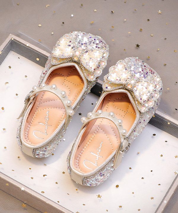 Pink Buckle Strap Flat Shoes Bow Zircon For Kids Girls - Image 2