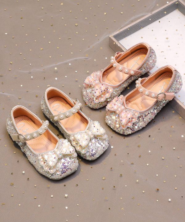 Pink Buckle Strap Flat Shoes Bow Zircon For Kids Girls - Image 3