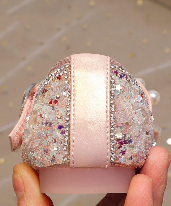 Pink Buckle Strap Flat Shoes Bow Zircon For Kids Girls - Image 4