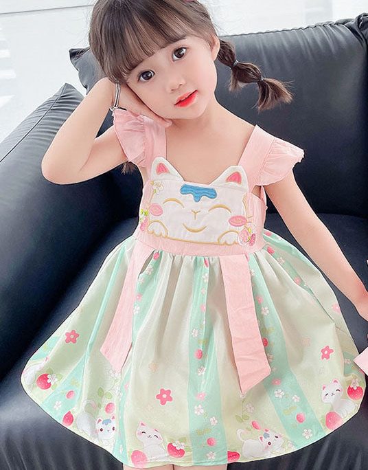 Pink Patchwork Cotton Baby Girls Dresses Embroideried Wrinkled Summer