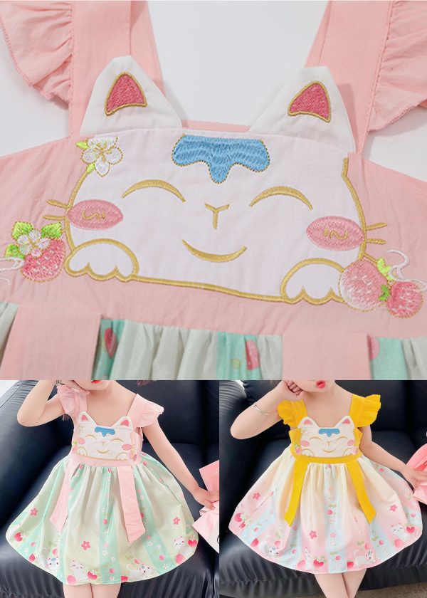Pink Patchwork Cotton Baby Girls Dresses Embroideried Wrinkled Summer - Image 5
