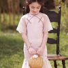Pink Stand Collar Button Girls Maxi Dress Short Sleeve