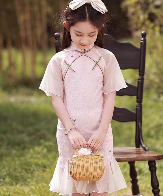 Pink Stand Collar Button Girls Maxi Dress Short Sleeve