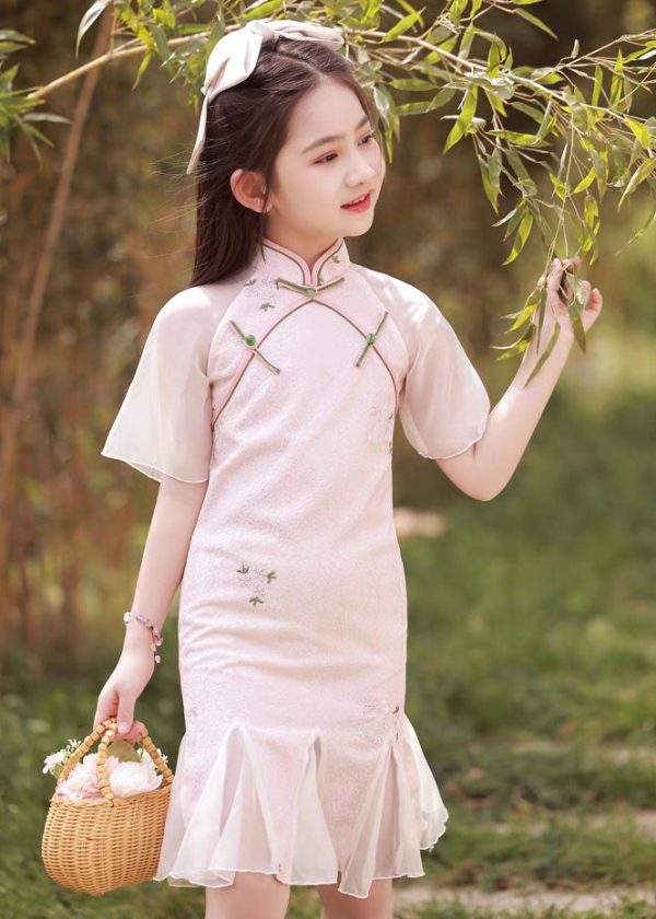 Pink Stand Collar Button Girls Maxi Dress Short Sleeve - Image 2