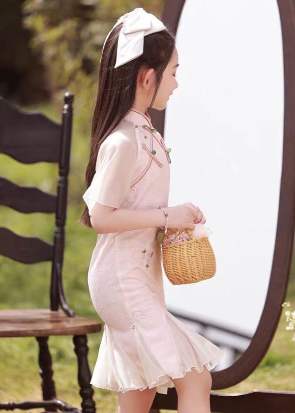 Pink Stand Collar Button Girls Maxi Dress Short Sleeve - Image 3