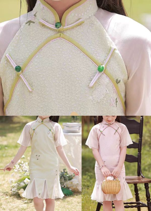 Pink Stand Collar Button Girls Maxi Dress Short Sleeve - Image 5