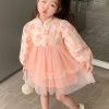Pink Tulle Patchwork Girls Dress Ruffled Long Sleeve