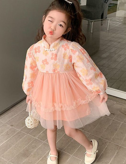 Pink Tulle Patchwork Girls Dress Ruffled Long Sleeve