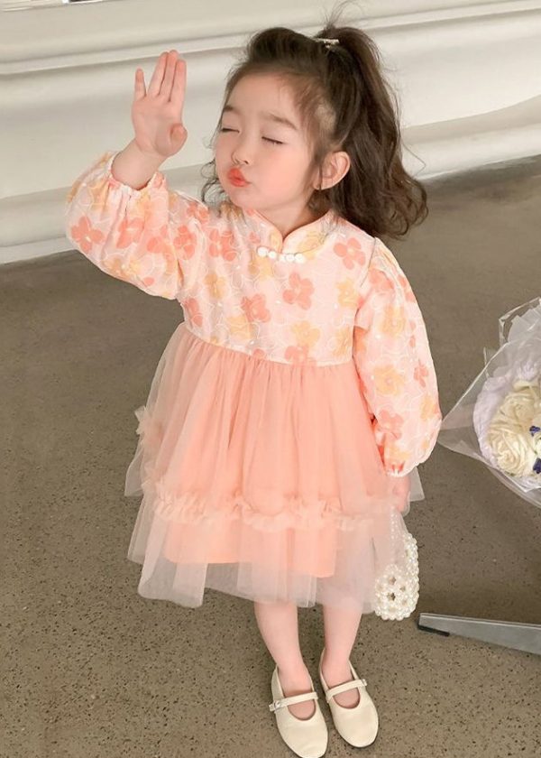 Pink Tulle Patchwork Girls Dress Ruffled Long Sleeve - Image 3