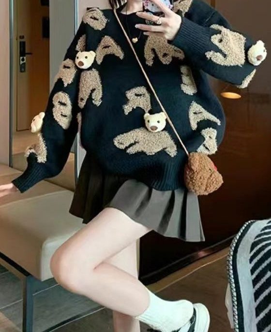 Plus Size Black O Neck Jacquard Knit Sweater Tops Spring