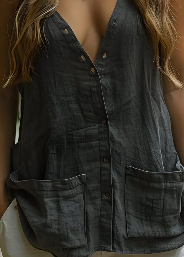 Plus Size Black V Neck Pockets Button Cotton Top Sleeveless - Image 4