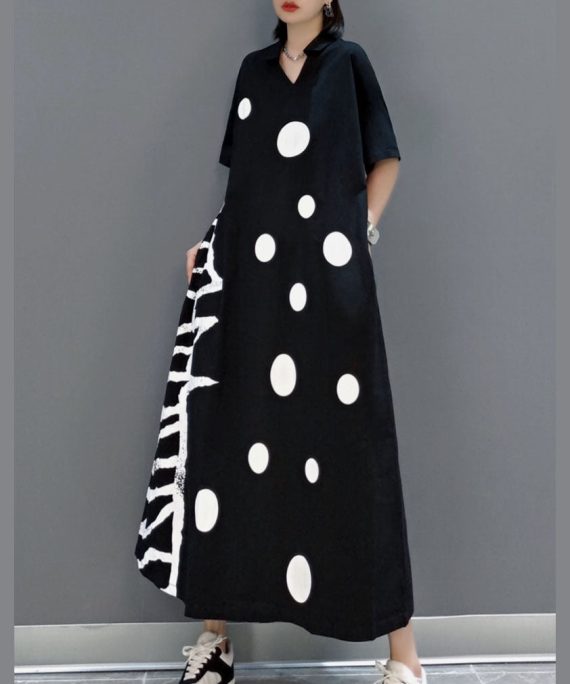 Plus Size Black V Neck dot a line skirts Half Sleeve