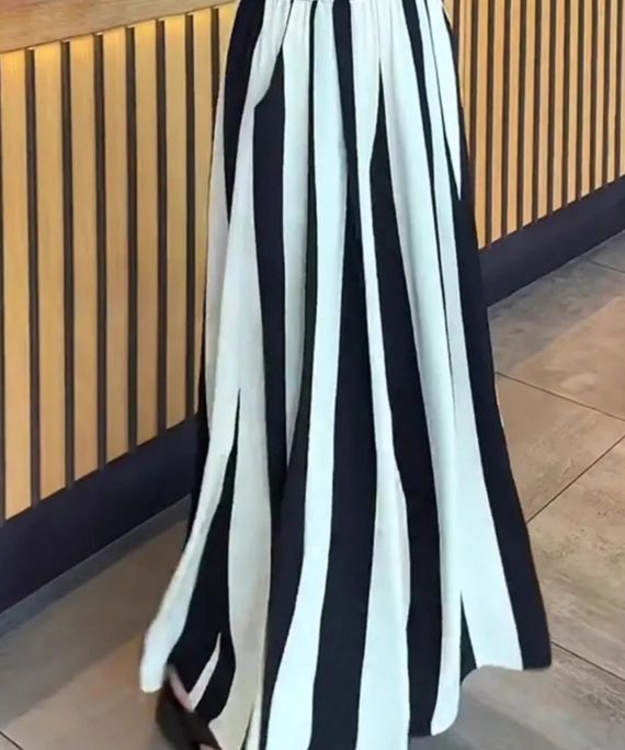 Plus Size Black White Striped High Waist Wide Leg Pants