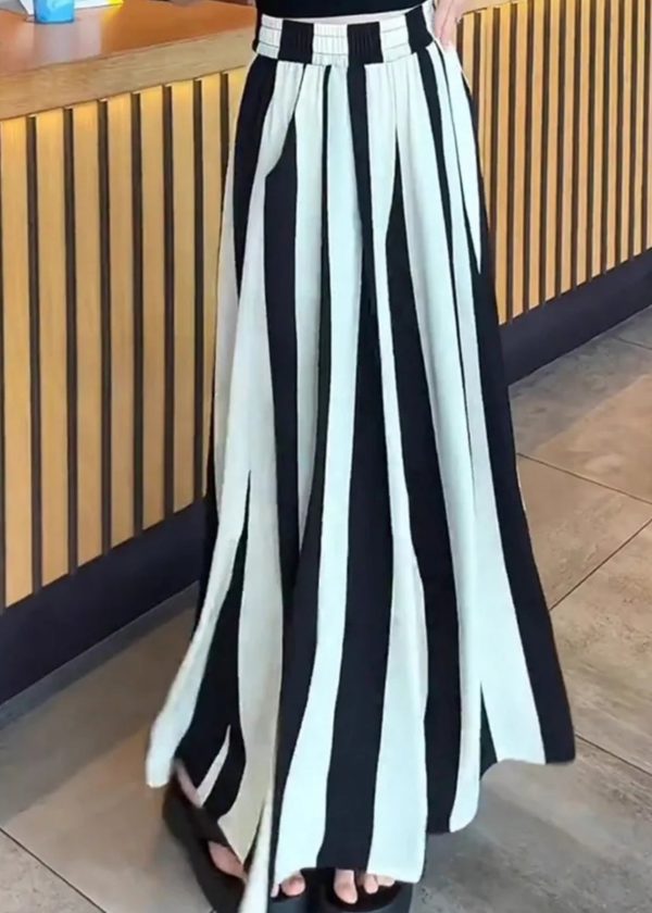 Plus Size Black White Striped High Waist Wide Leg Pants