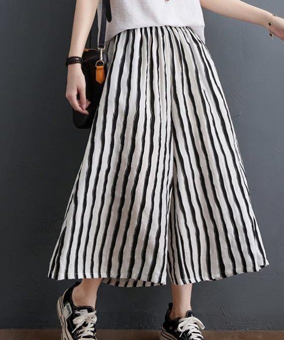 Plus Size Black White Striped Wide Leg Pants Summer Cotton