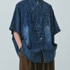 Plus Size Blue Asymmetrical Button Denim Men Shirts Summer