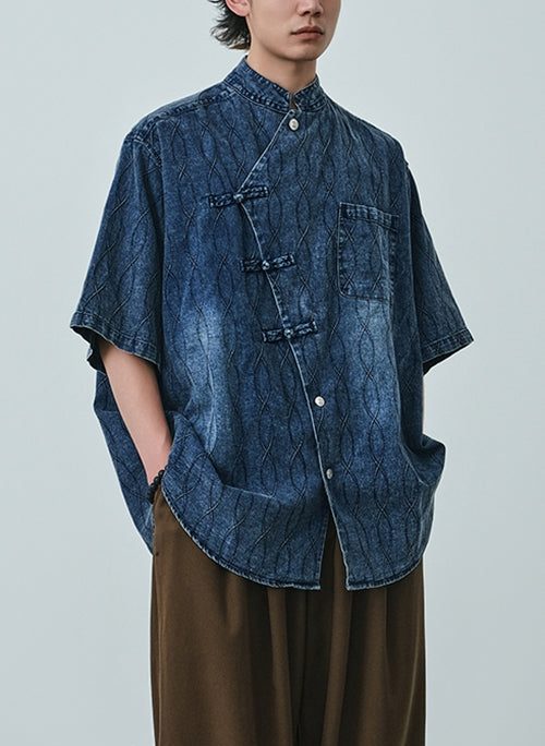 Plus Size Blue Asymmetrical Button Denim Men Shirts Summer