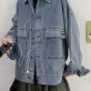 Plus Size Blue Peter Pan Collar Button Pockets Denim Men Coat Spring