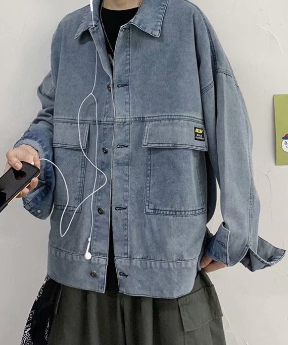 Plus Size Blue Peter Pan Collar Button Pockets Denim Men Coat Spring