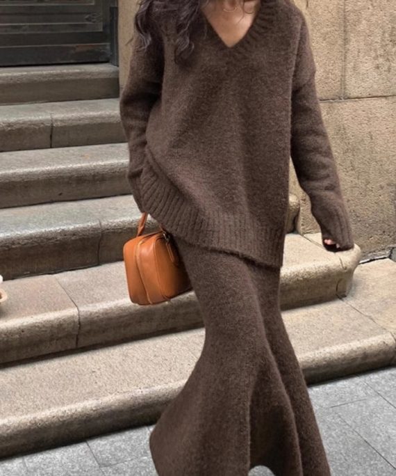 Plus Size Brown Cozy Cotton Knit Sweaters And Maxi Skirts Two Pieces Set Spring
