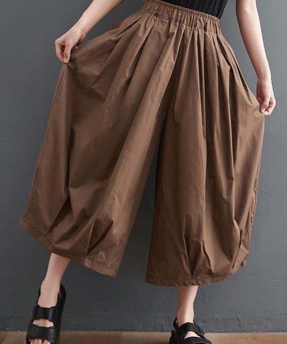 Plus Size Brown Pockets Wide Leg Pants Trousers Summer Cotton Linen