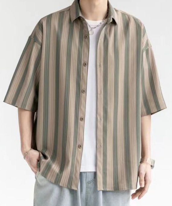 Plus Size Coffee Striped Button Cotton Men Shirt Short Sleeve