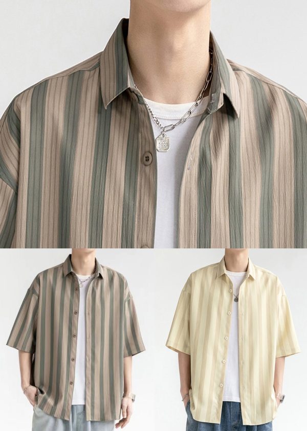 Plus Size Coffee Striped Button Cotton Men Shirt Short Sleeve - Image 5
